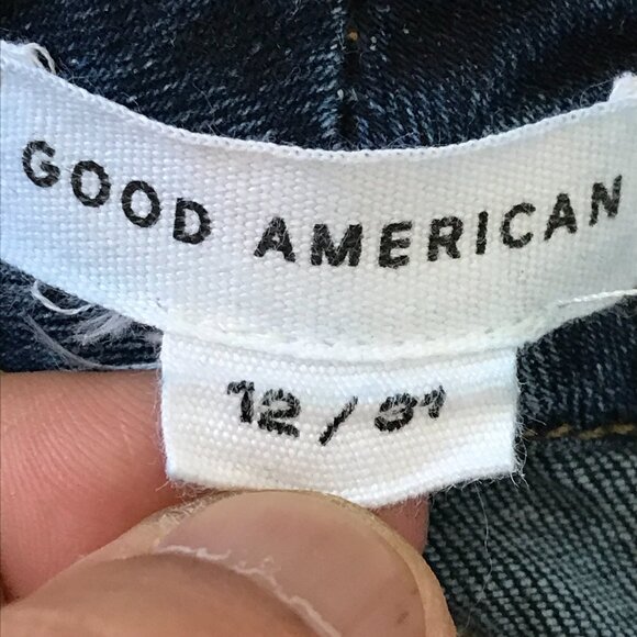Good American Jeans Women 12/31 Blue Distressed High Rise Dark Wash Stretch - Picture 3 of 9